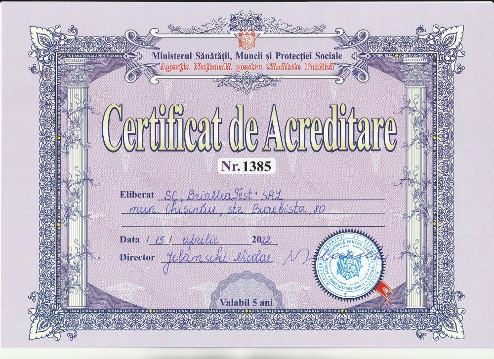 Certificatul de acreditare al BrioMedTest
